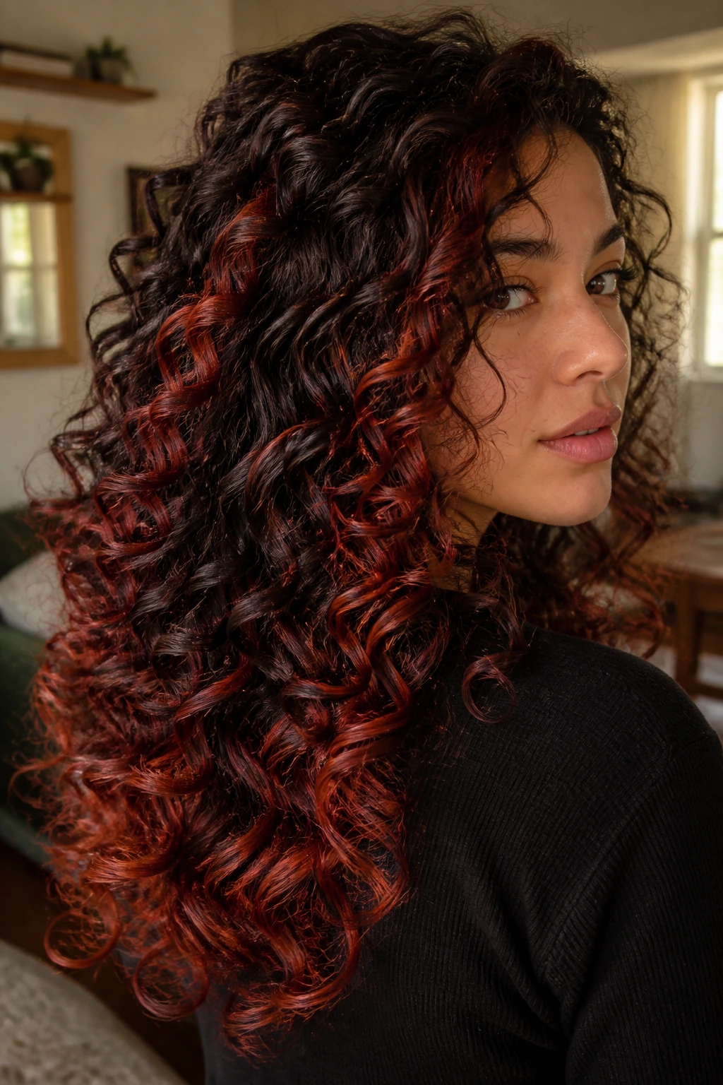 Close-up of curly brown hair with brick-red panels