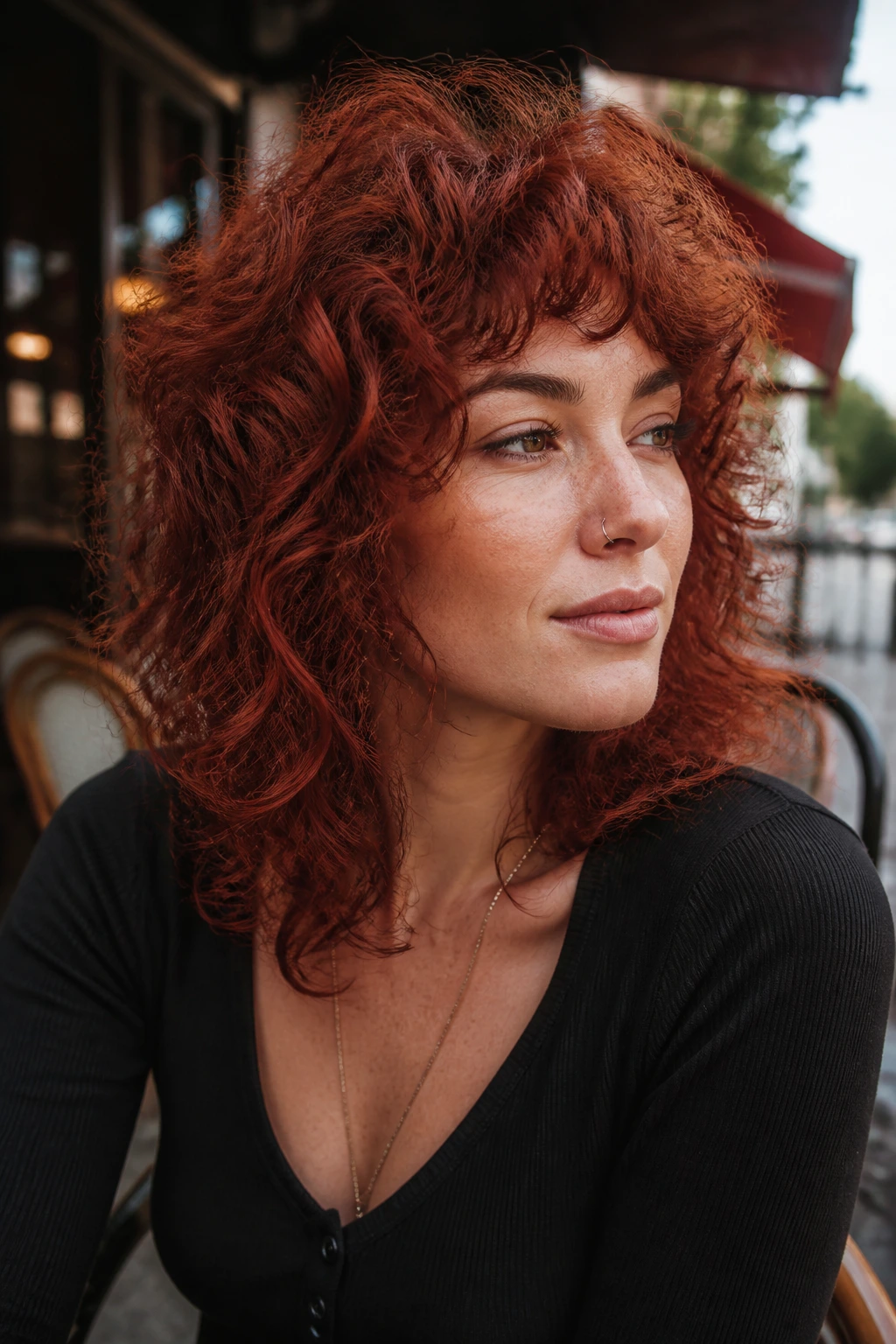 Close-up of brick red curly shag on a real woman