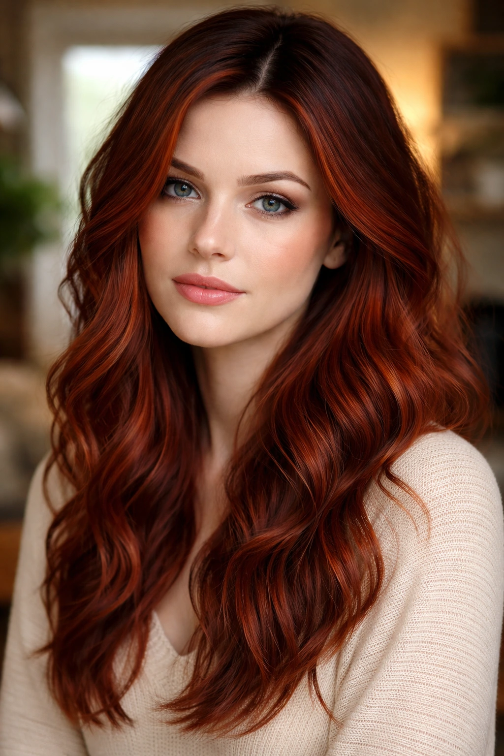 Close-up of brick red hair with a shadow root on a real person.