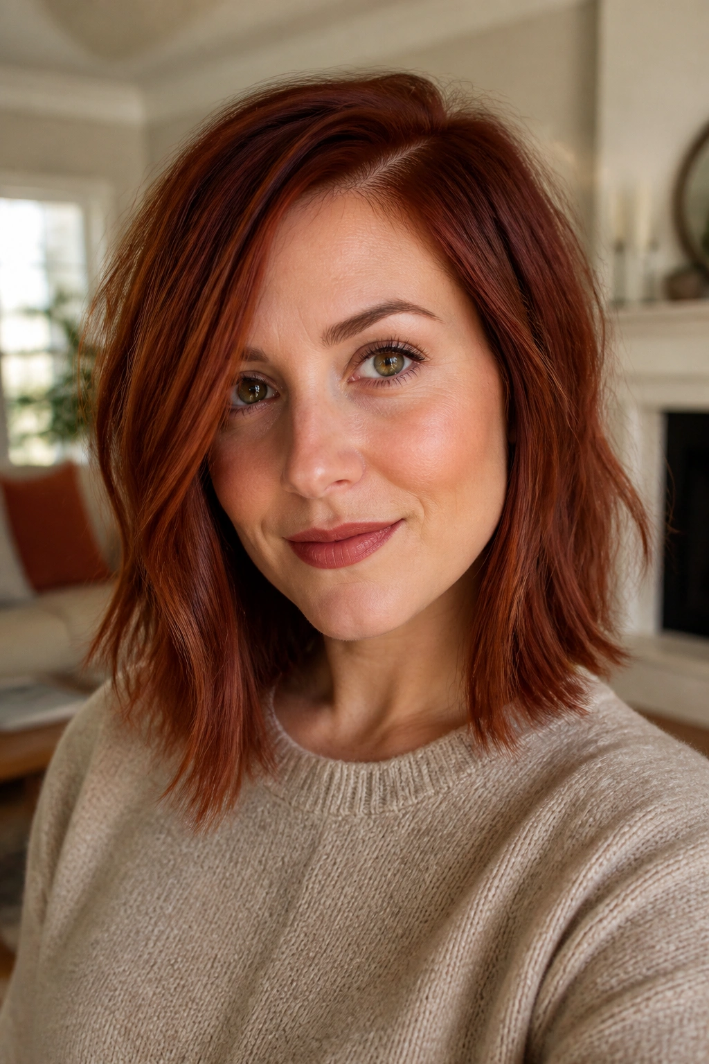 Close-up of a woman with brick red textured lob hairstyle