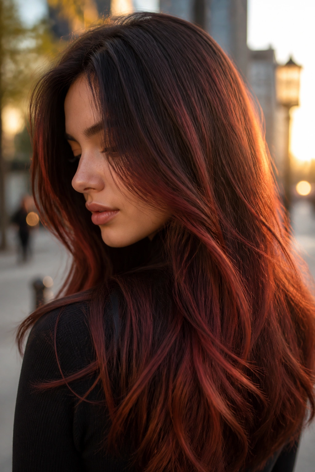 Brunette with brick-red lowlights creating dimensional depth in natural light