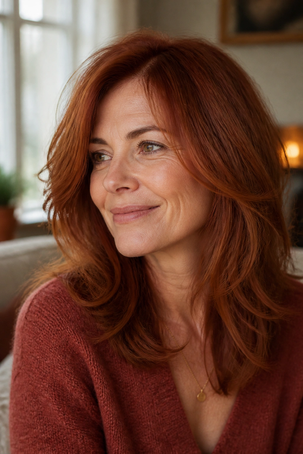 Real woman with brick red midlength layered hair in warm light