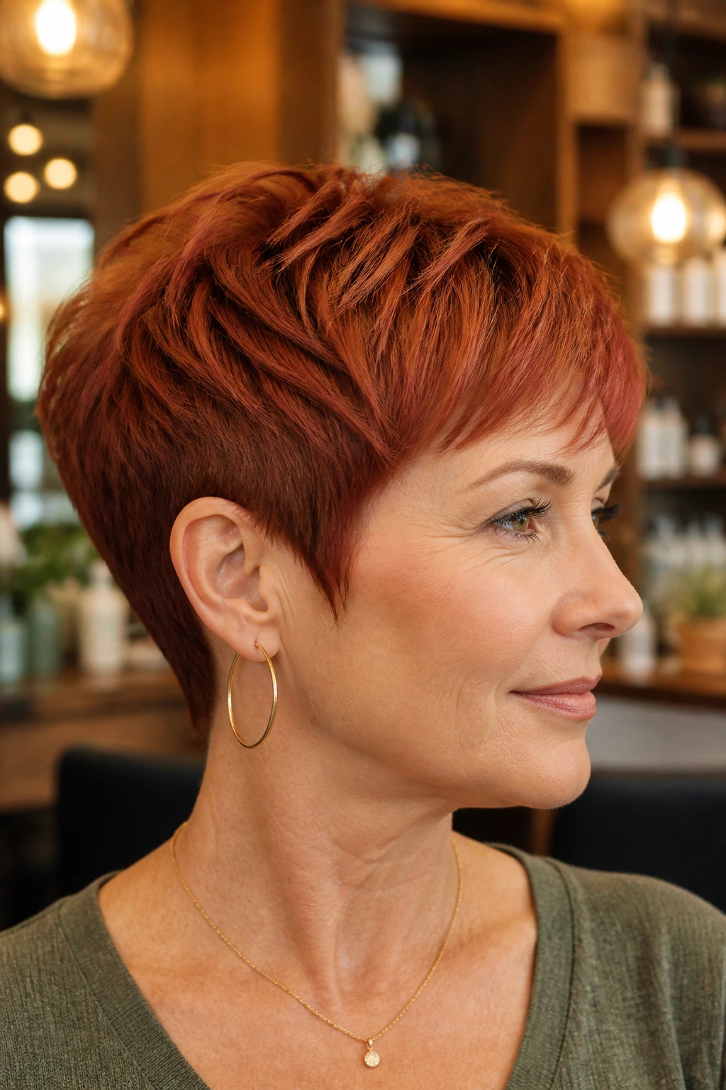 Close-up of a real woman with brick red rounded pixie in a warm salon