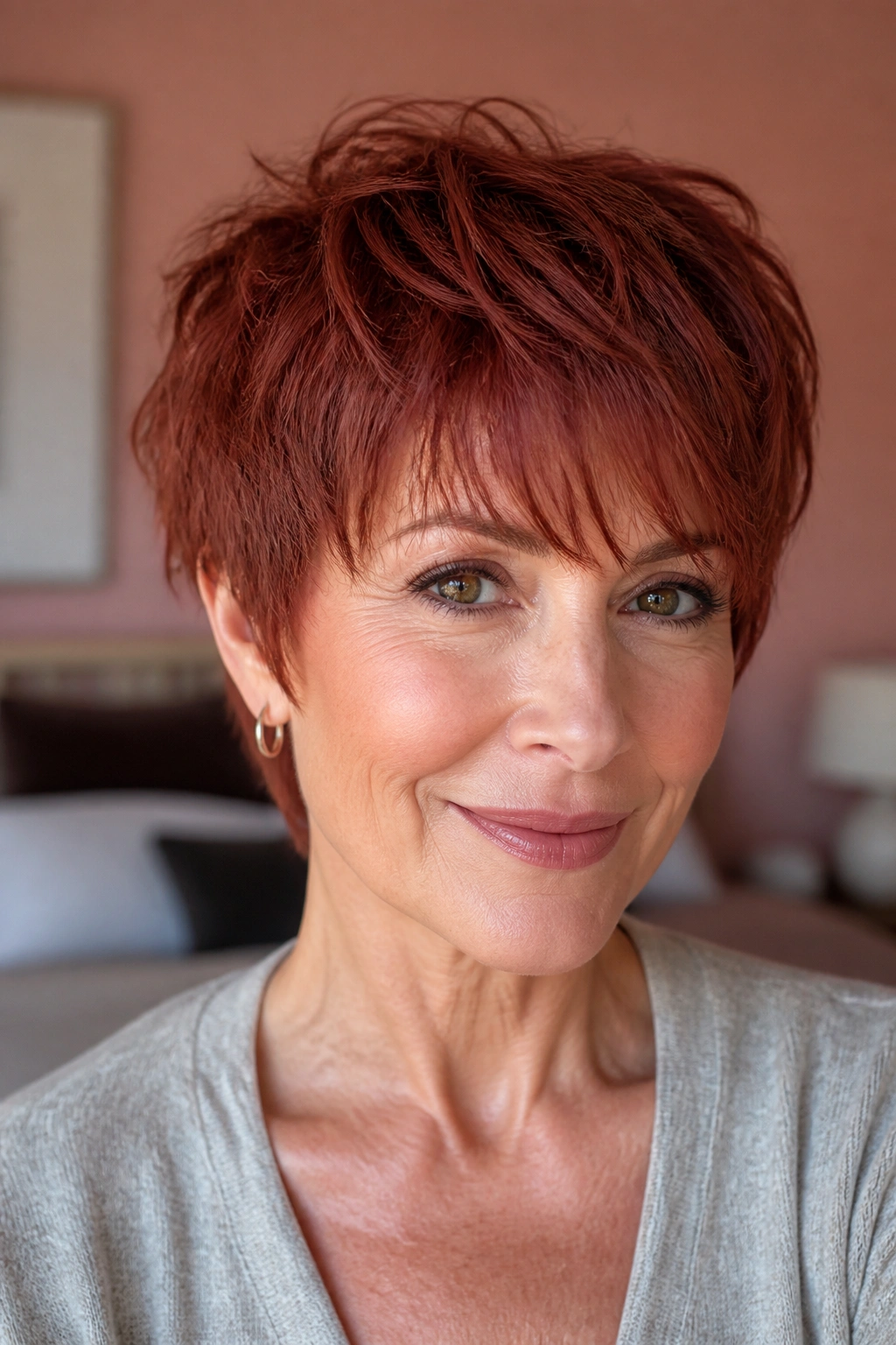 Close-up of a real woman with brick red wispy pixie and soft bangs, warm window light