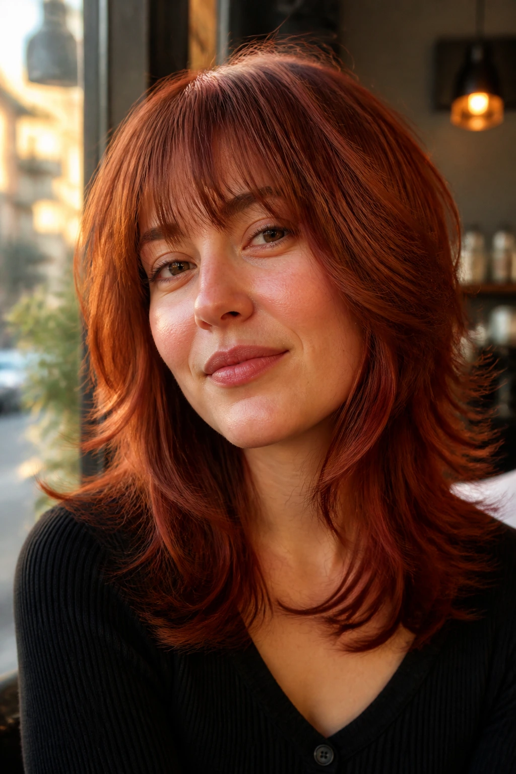 Close-up portrait of a real woman with brick red shag and flipped-out layers