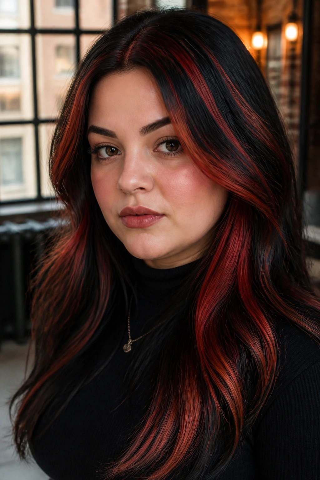 Real woman with brick-red streaks and chunky black lowlights creating bold contrast