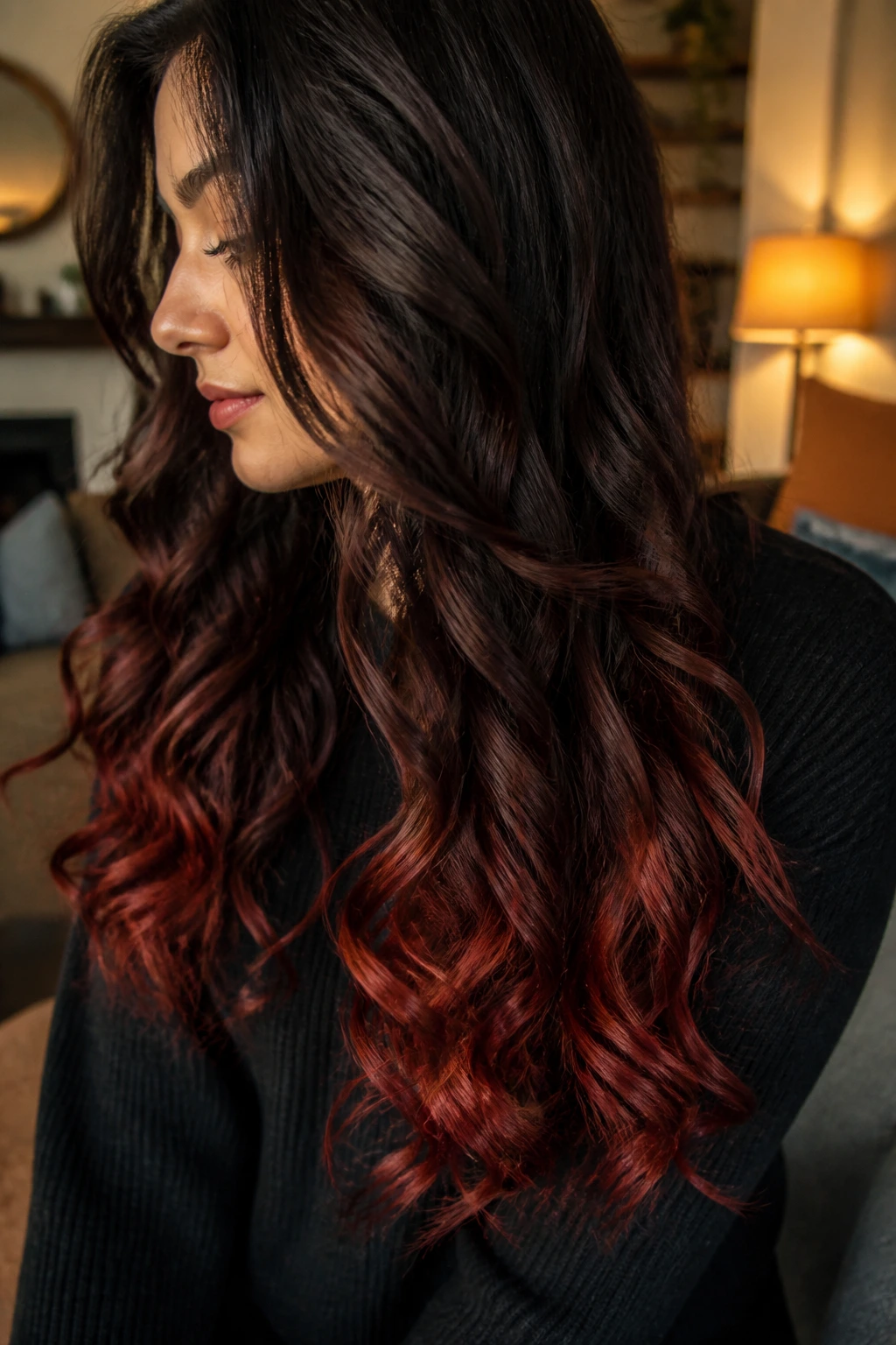 Close-up of a real woman's hair showing deep brick red tips on long curls