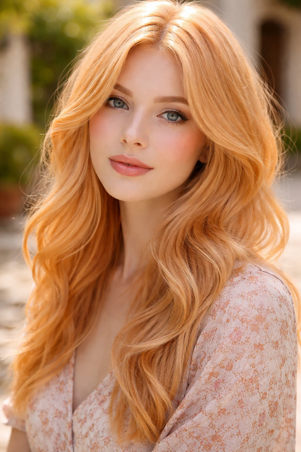 Close up of a real person with bright apricot blonde hair in sun.