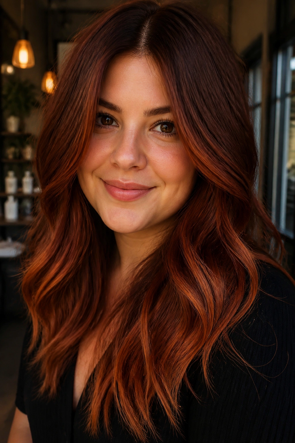 Close-up portrait of bright auburn glow with dimensional color on a real person