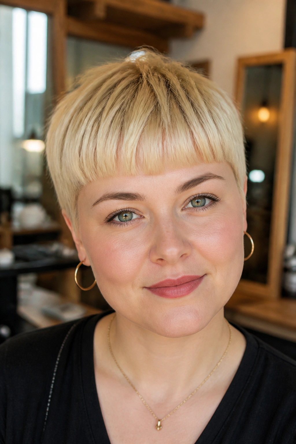 Close-up portrait of a real woman with bright blonde straight bangs on a short crop in a salon setting