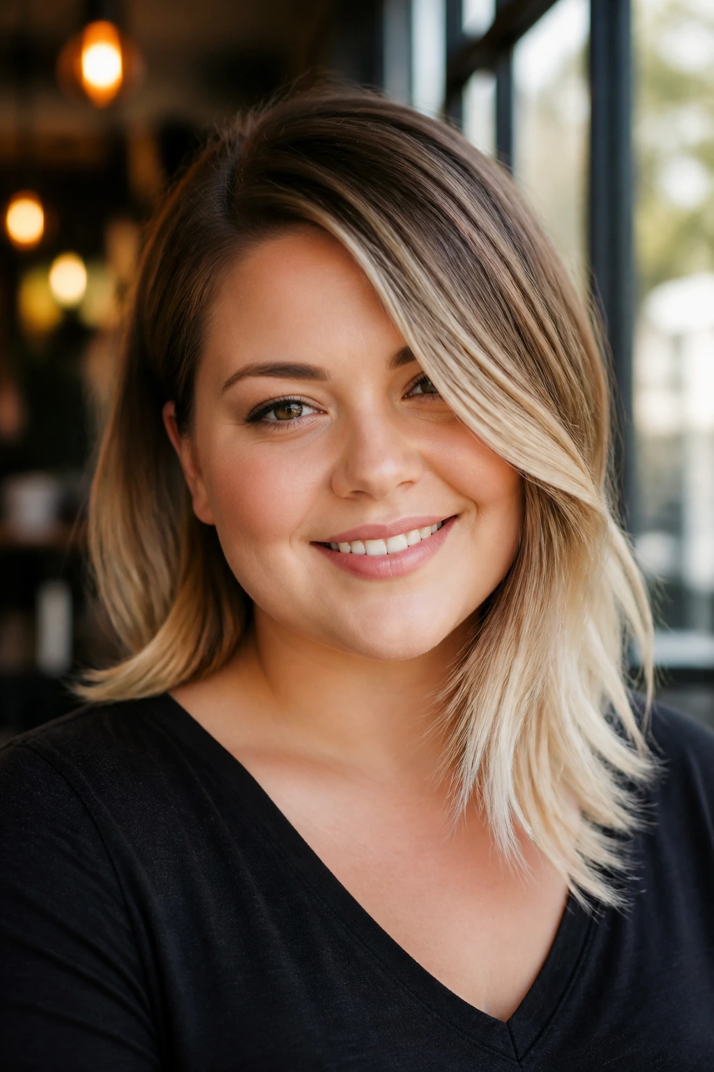 Portrait of a woman with a side-swept cut and bright blonde ends in cafe light.