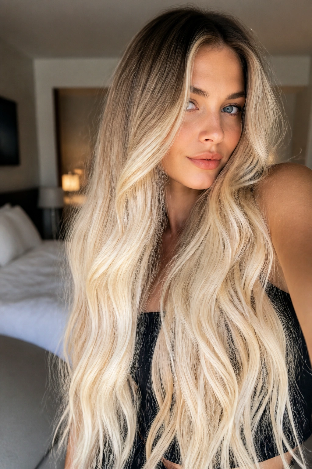Close-up of a real person with bright baby blonde ombre and ultra-long hair, warm window light