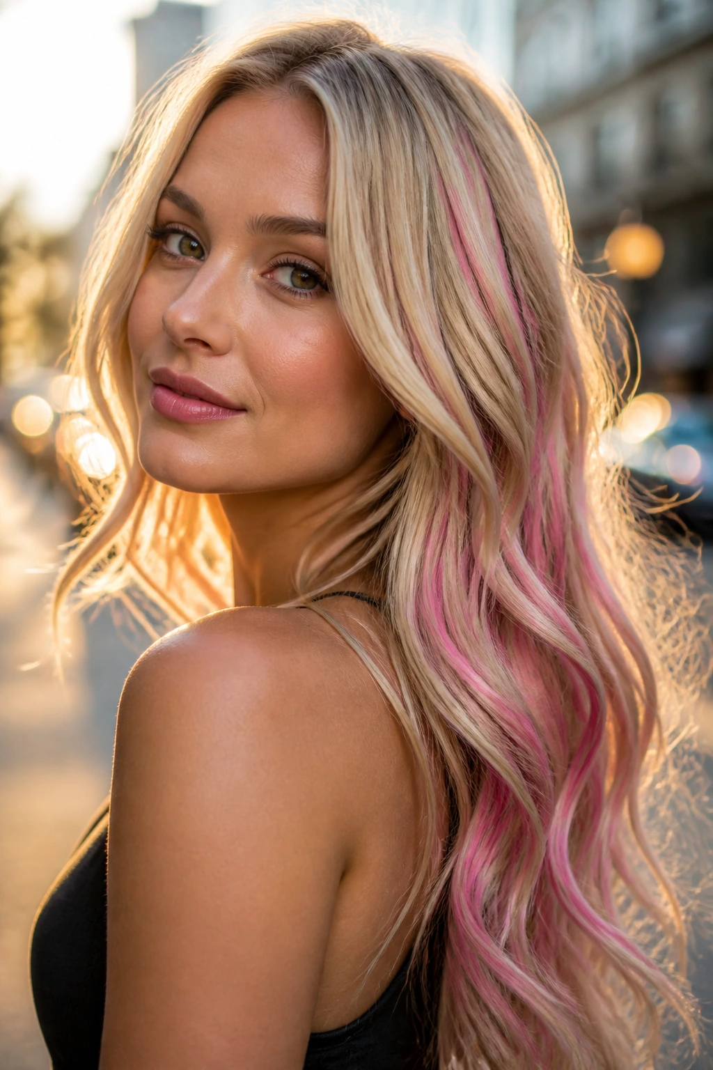Close-up of a real woman with bright blonde hair and pink ribbon streaks