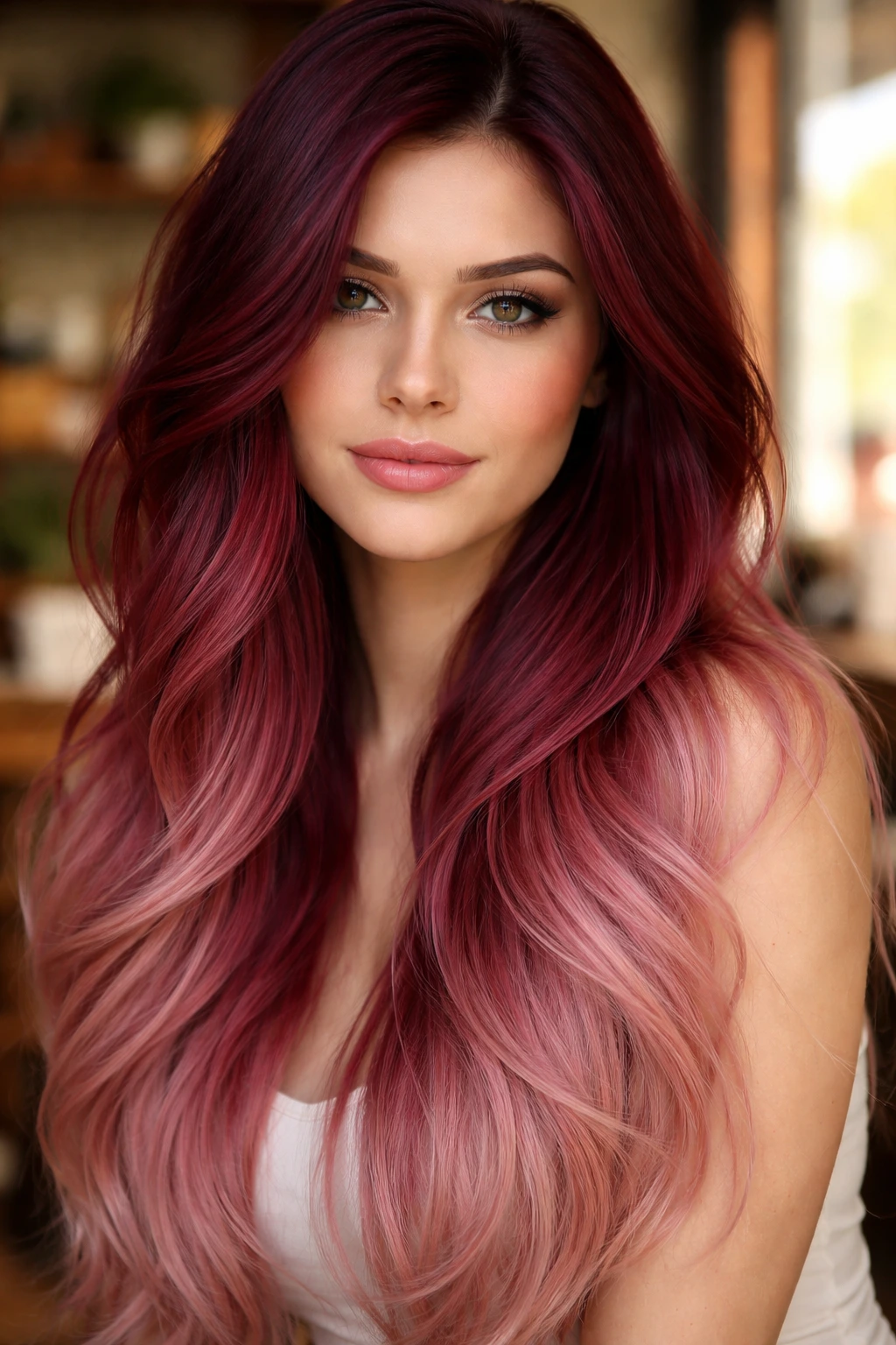 Real woman with burgundy to rose ombre in sunlit cafe light
