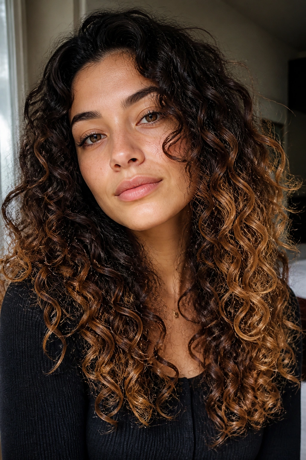 Brunette curls with bright caramel ends, close-up portrait in natural light.