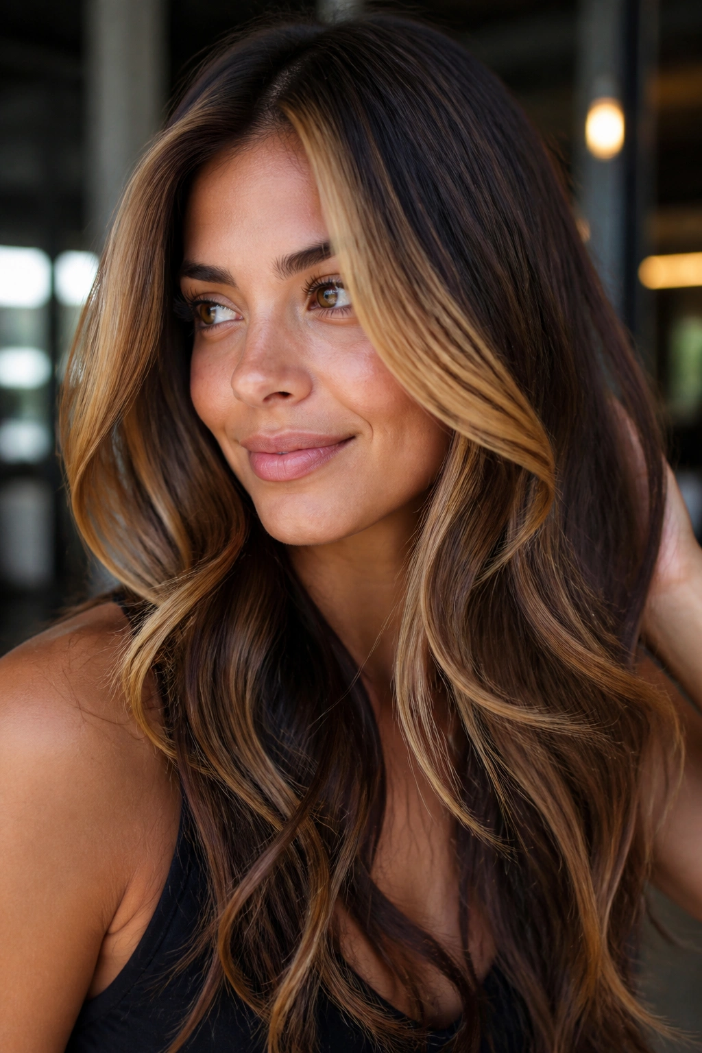 Close-up of a real woman with bright caramel streaks on brown hair