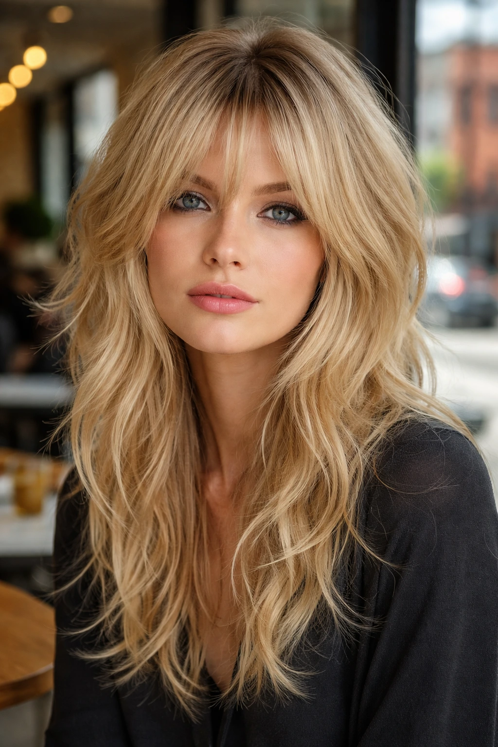 Real woman with bright champagne shag hairstyle, textured layers.