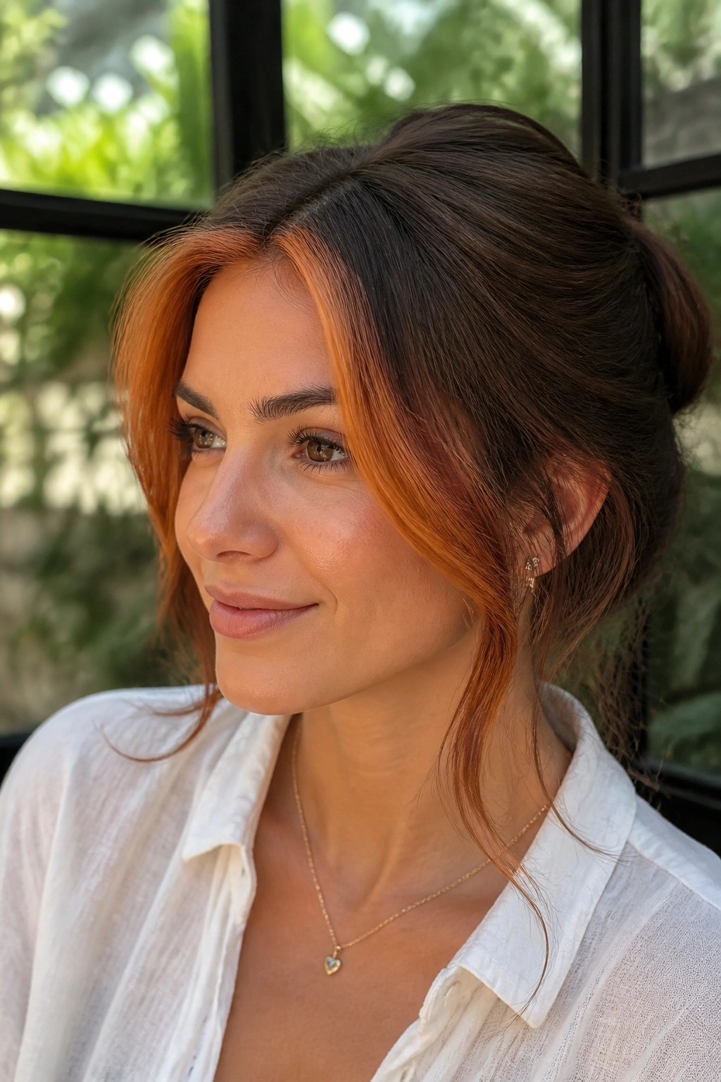Close-up of a real woman with a bright copper money piece on mocha brown hair in natural light