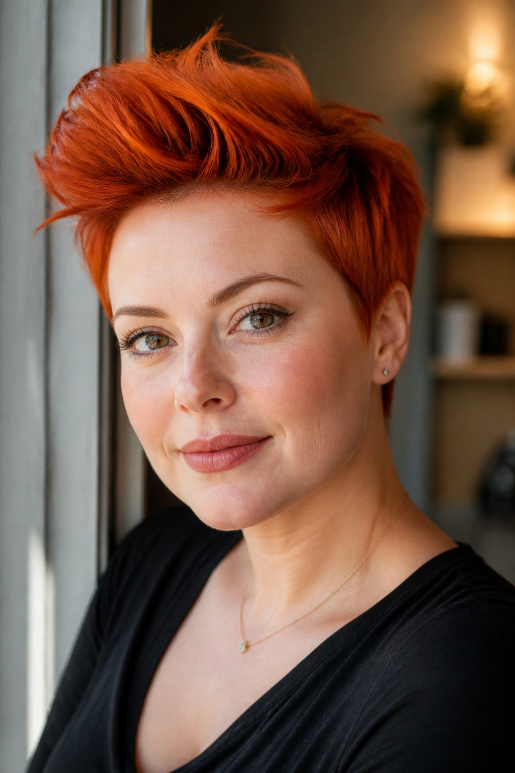 Real person with bright copper pixie and front quiff