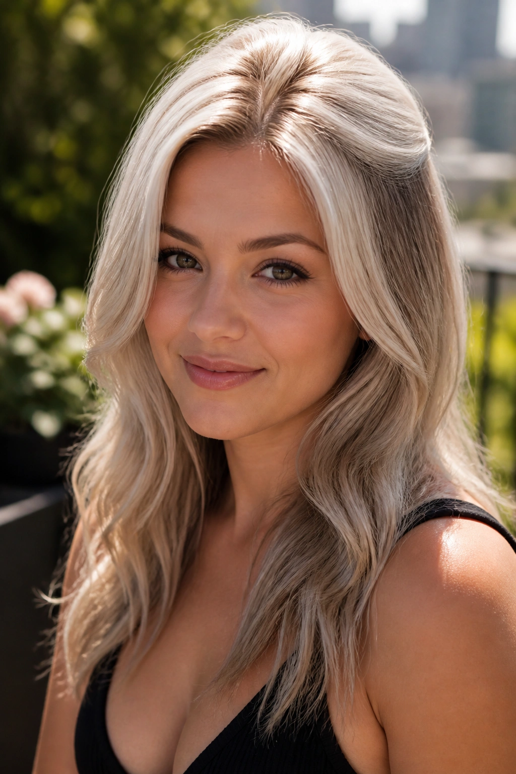 Close-up of a real woman with bright crown platinum on top and softer sides