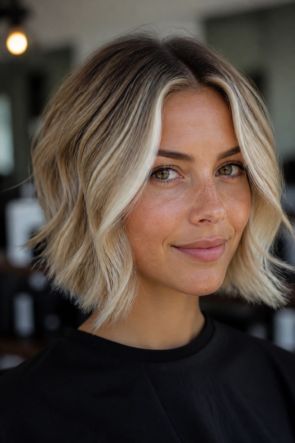 Close-up of a real woman with bright face frame and shadow root on short blonde bob.