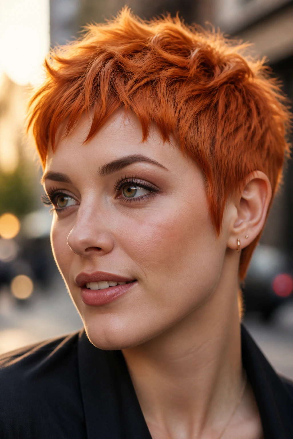 Close-up of a real person with a choppy micro pixie in bright ginger