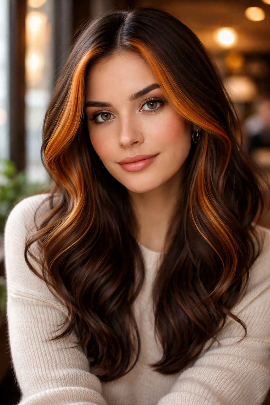 Close-up portrait of a real woman with bright ginger face-framing strands