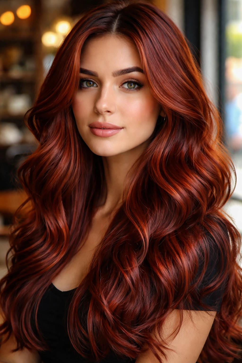 Portrait of a brunette woman with bright mahogany copper hair in a sunlit cafe setting