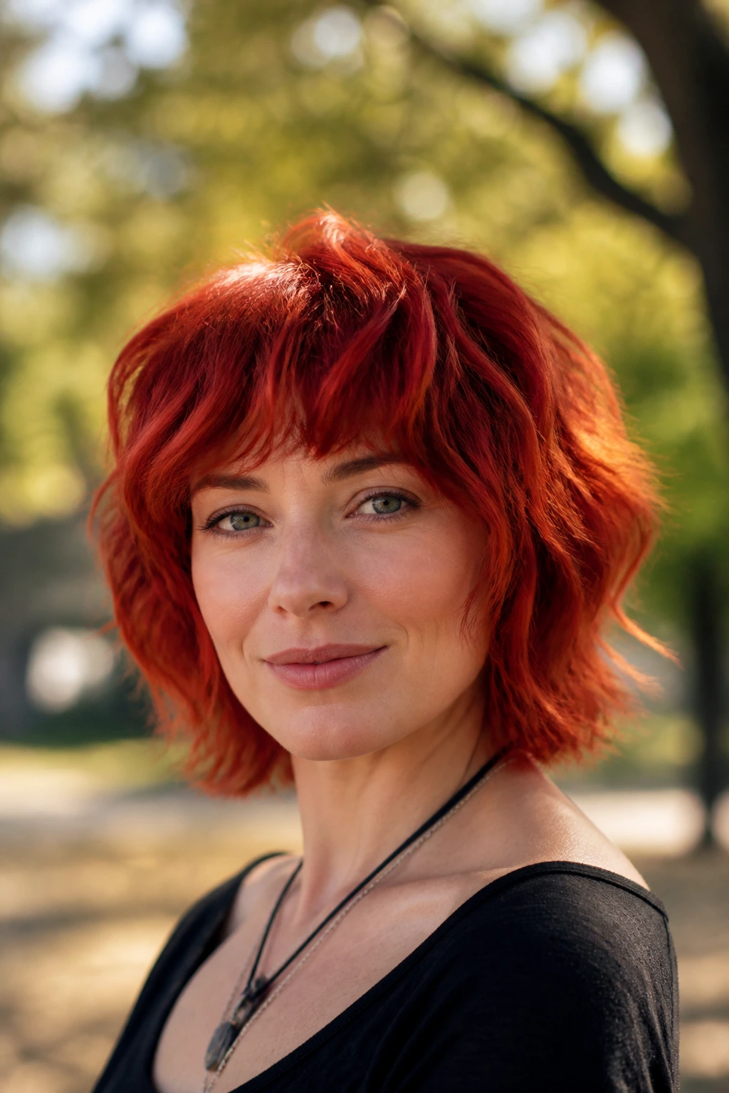 Close-up of a real woman with bright red wavy shag in golden-hour light