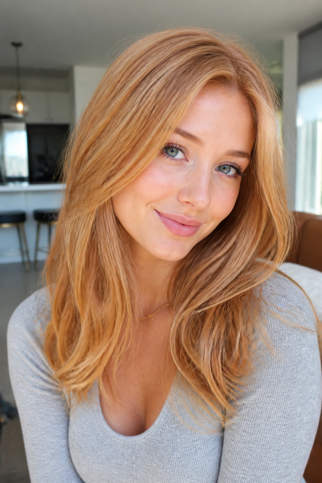 Close-up of real woman with bright strawberry blonde and micro-highlights