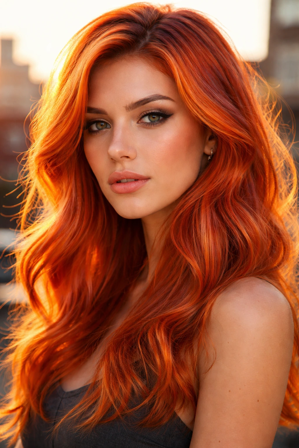 Close-up portrait of a real woman with Bright Tangerine Blonde hair in golden hour light