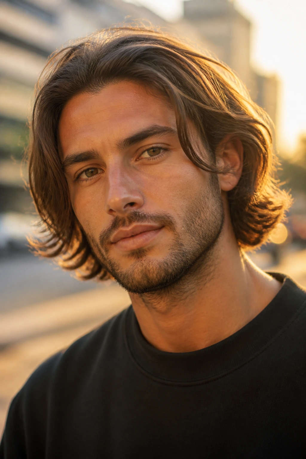Close-up portrait of a man with a Bro Flow Bob hairstyle in golden-hour urban setting