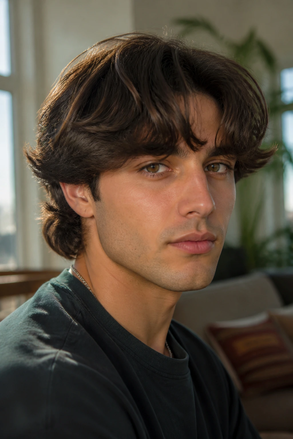 Bro flow fringe close-up portrait with relaxed, forward-falling bangs