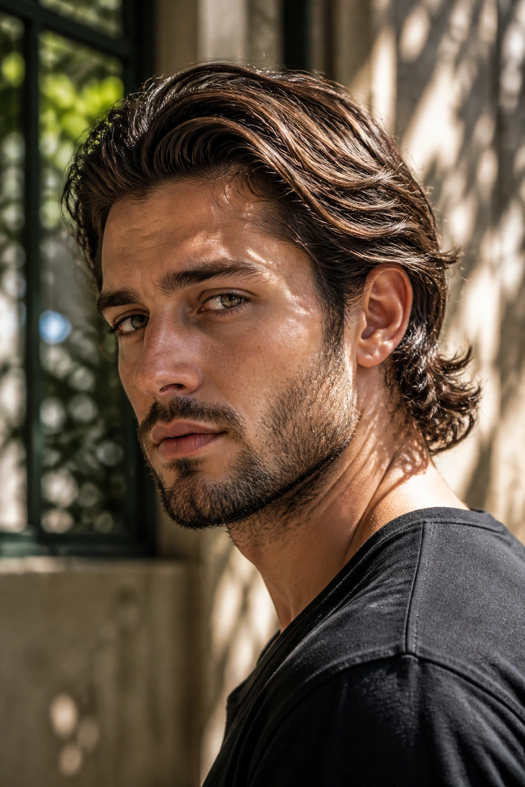 Close-up of man with bro flow hairstyle showing layered long hair.