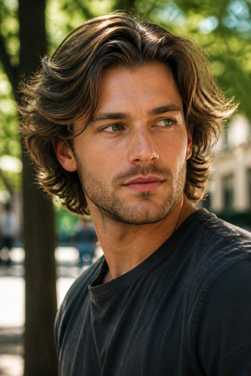 Close-up of a man with bro flow hairstyle showing natural movement