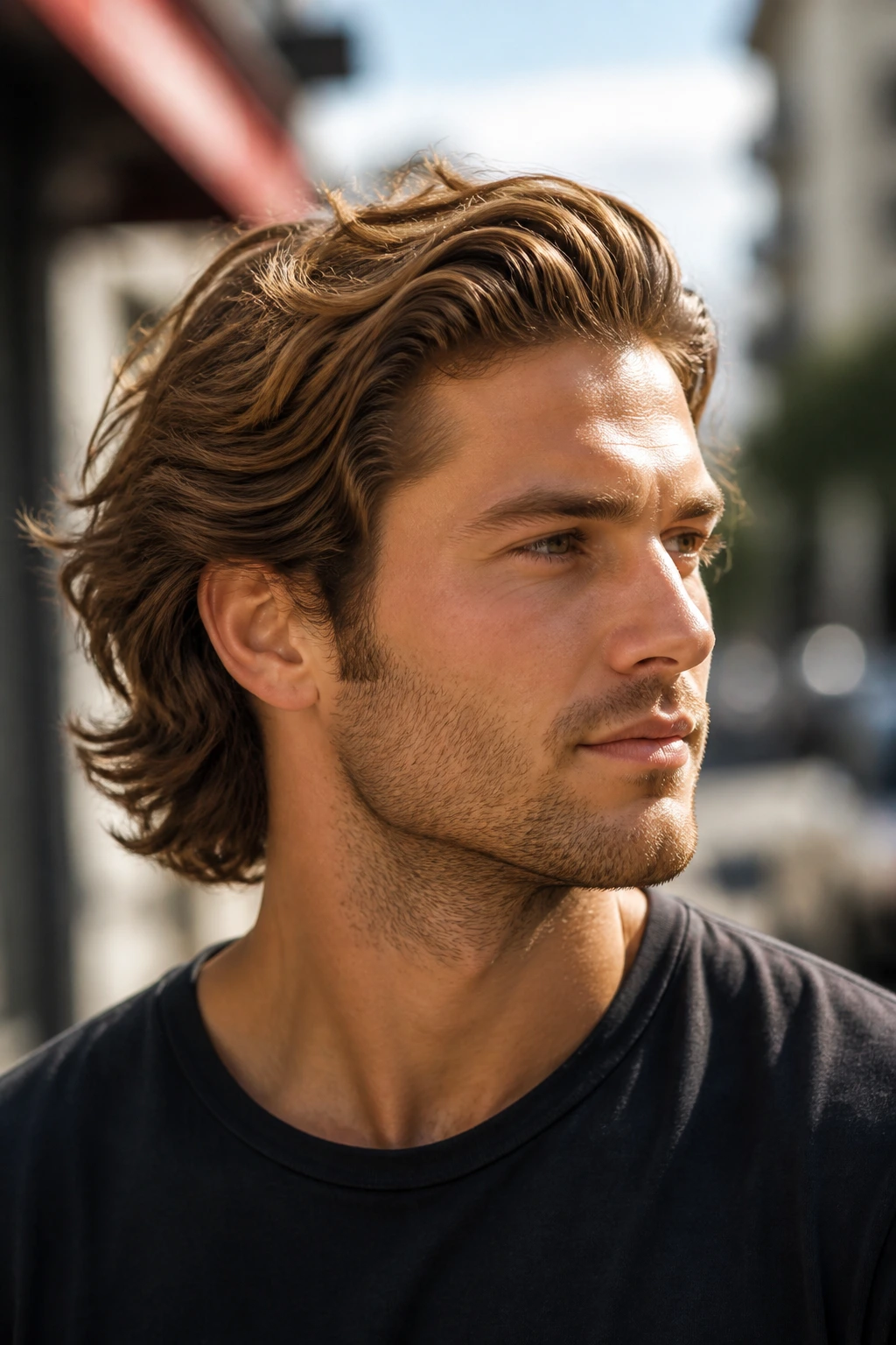 Man with mid-length wavy hair flowing back in natural light.