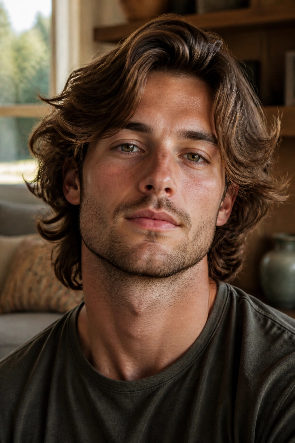Close-up portrait of a man with Bro Flow hairstyle in a warm living room setting