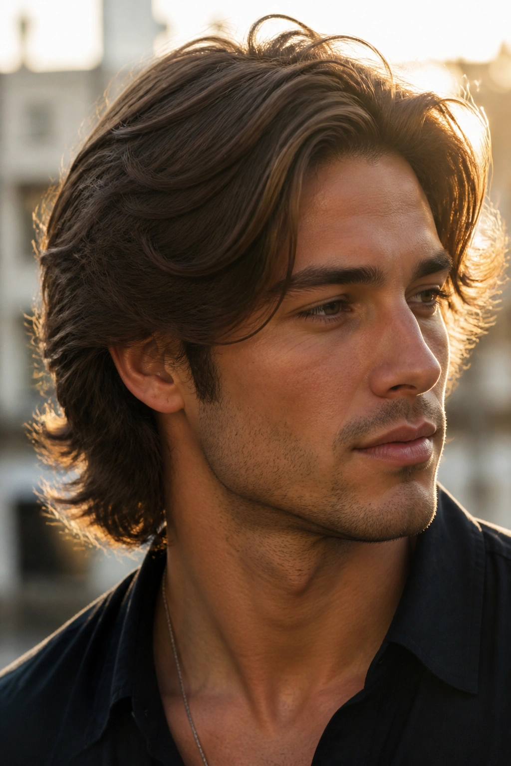 Close-up portrait of a man with the Bro Flow layered cut.