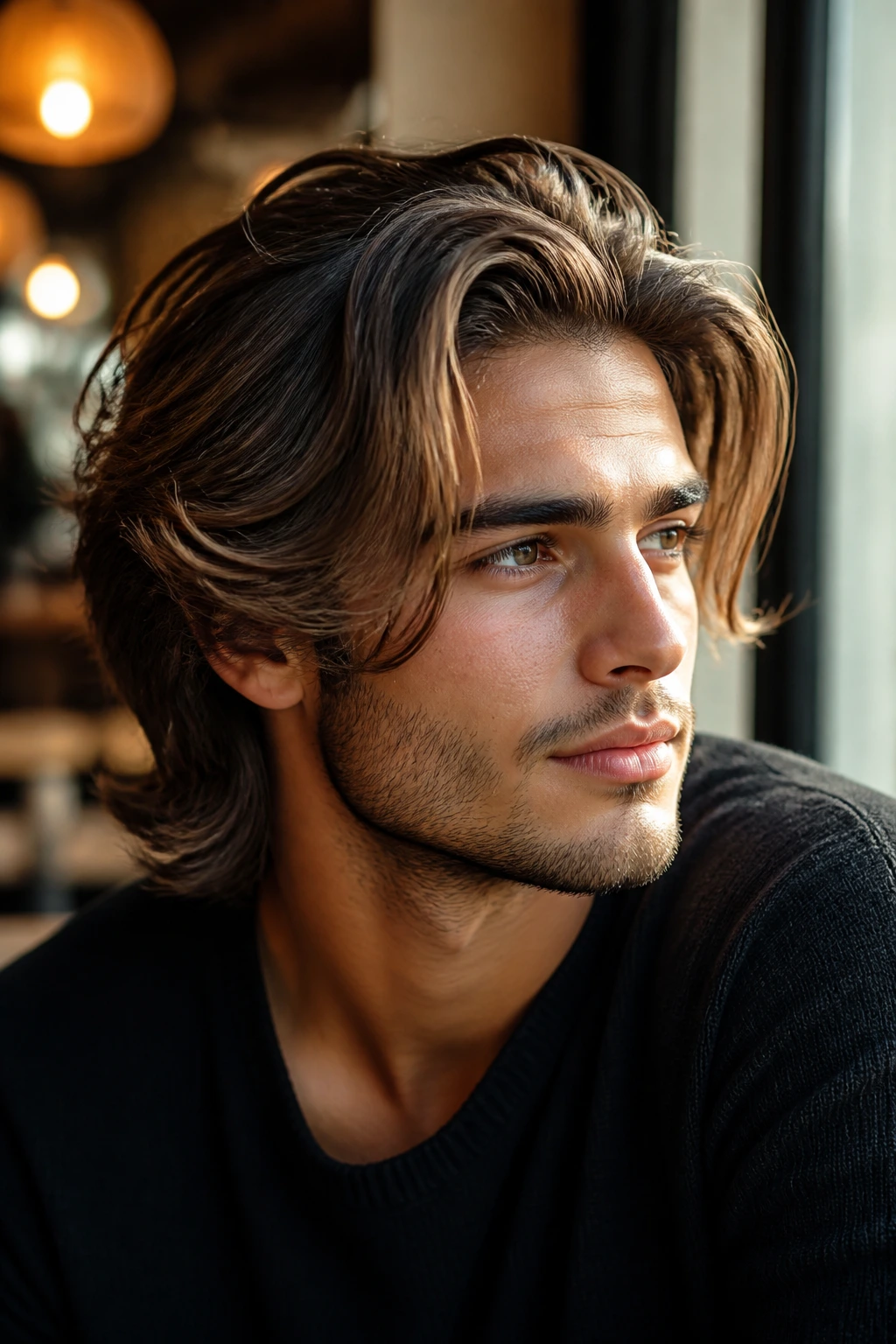 Close-up portrait of a man with bro flow face-framing layers and natural texture