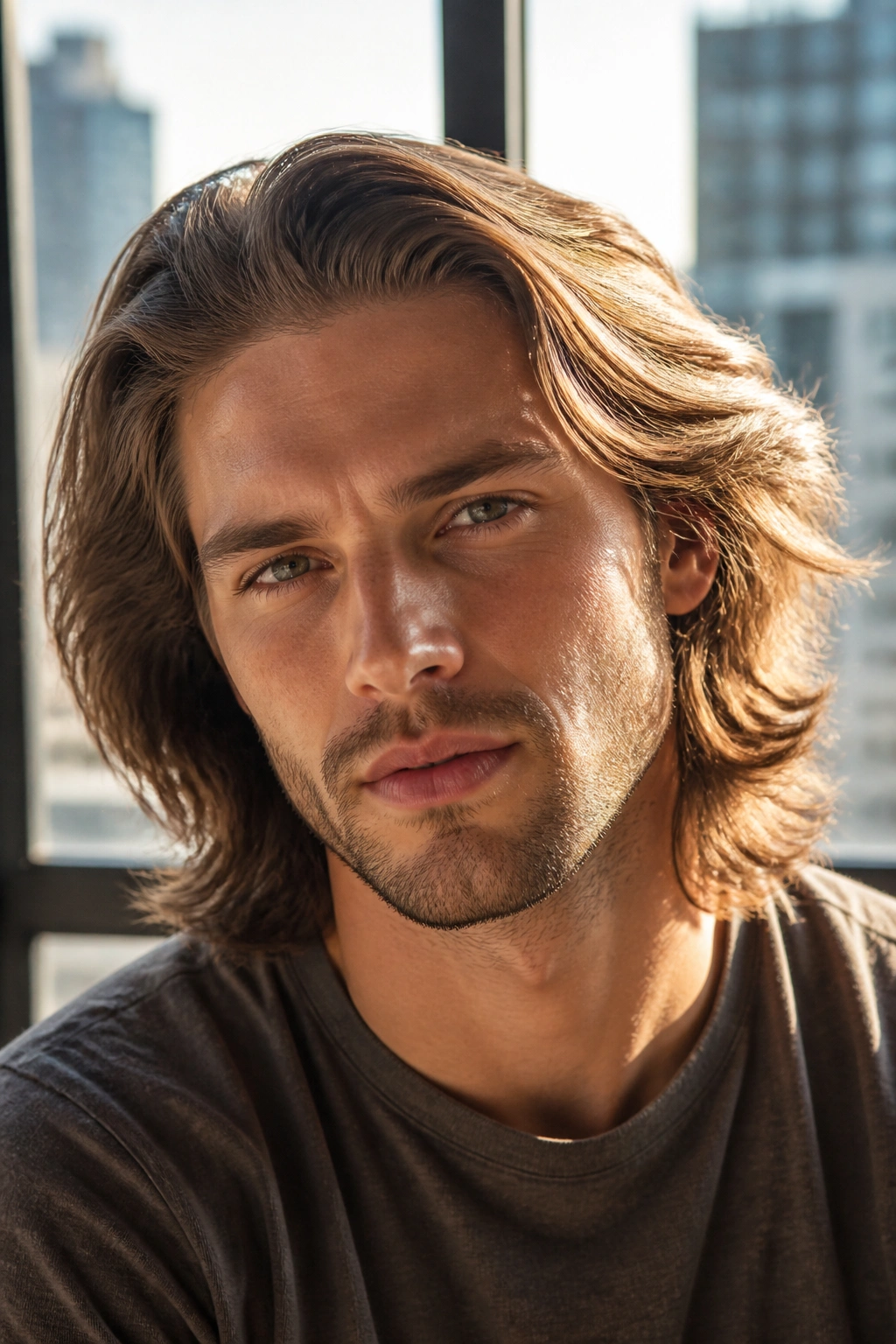 Close-up portrait of a real man with long layered hair swept back in warm window light.
