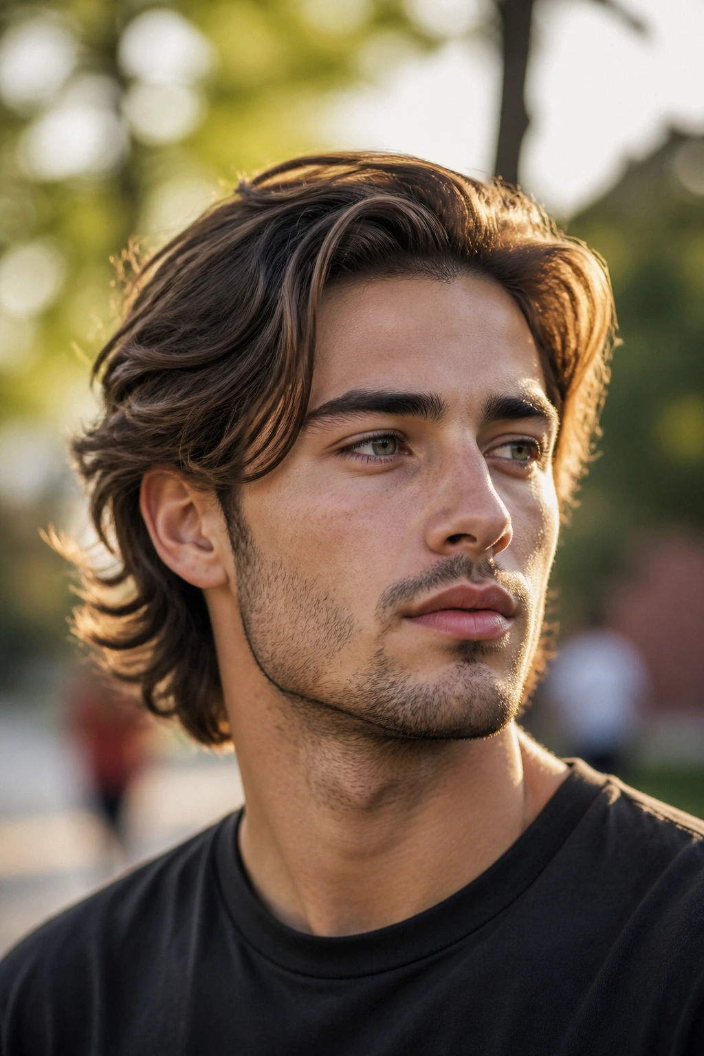 Close-up of a real man with Bro Flow hairstyle in an urban park at golden hour
