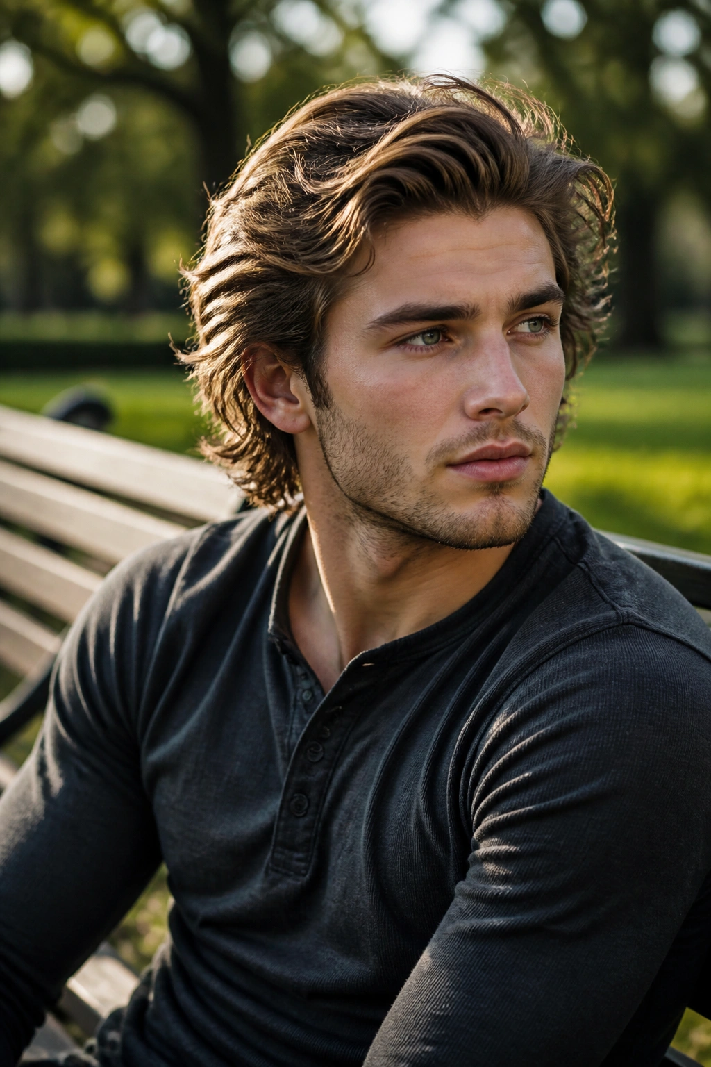 Portrait of man with bro flow shag hair swept back in outdoor park setting