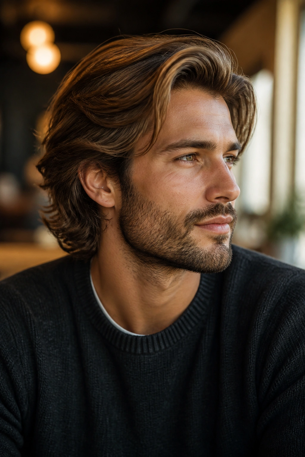 Close-up of a man with bro flow hairstyle and soft layers in warm daylight.