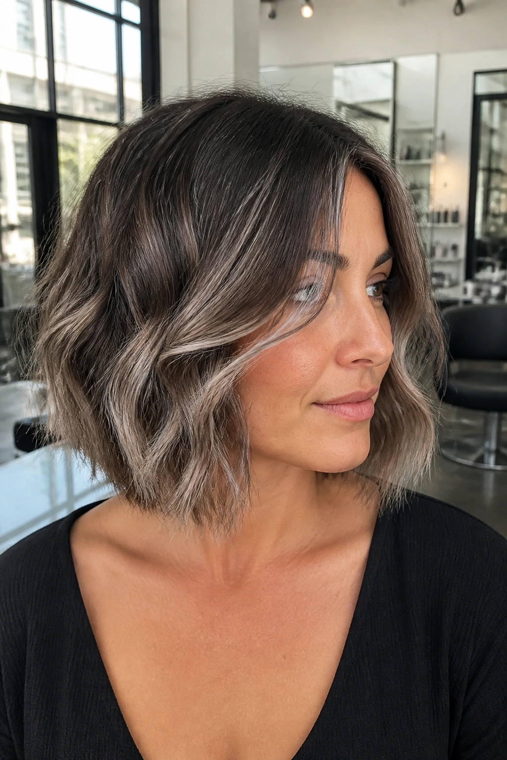 Close-up of broken balayage on a wavy bob