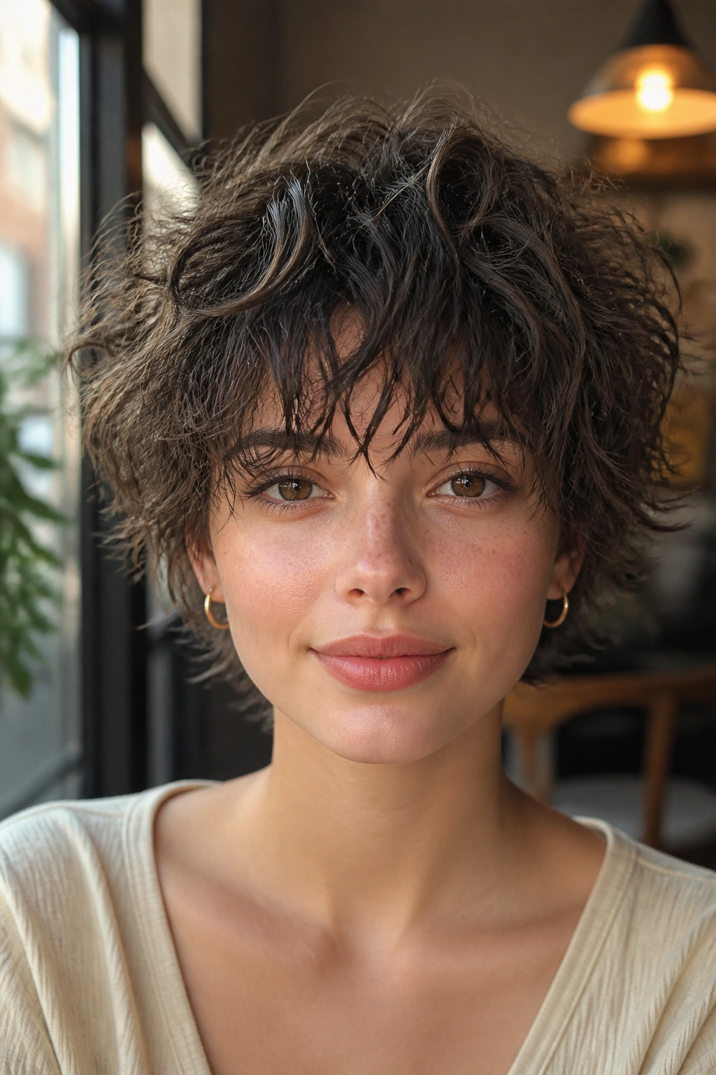 Front-facing portrait of a real woman with broken bowl crop and piecey ends