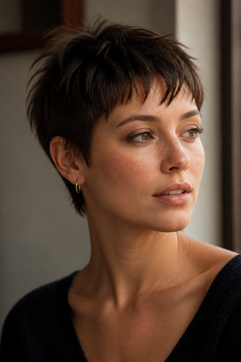 Close-up portrait of a real woman with broken fringe pixie hairstyle