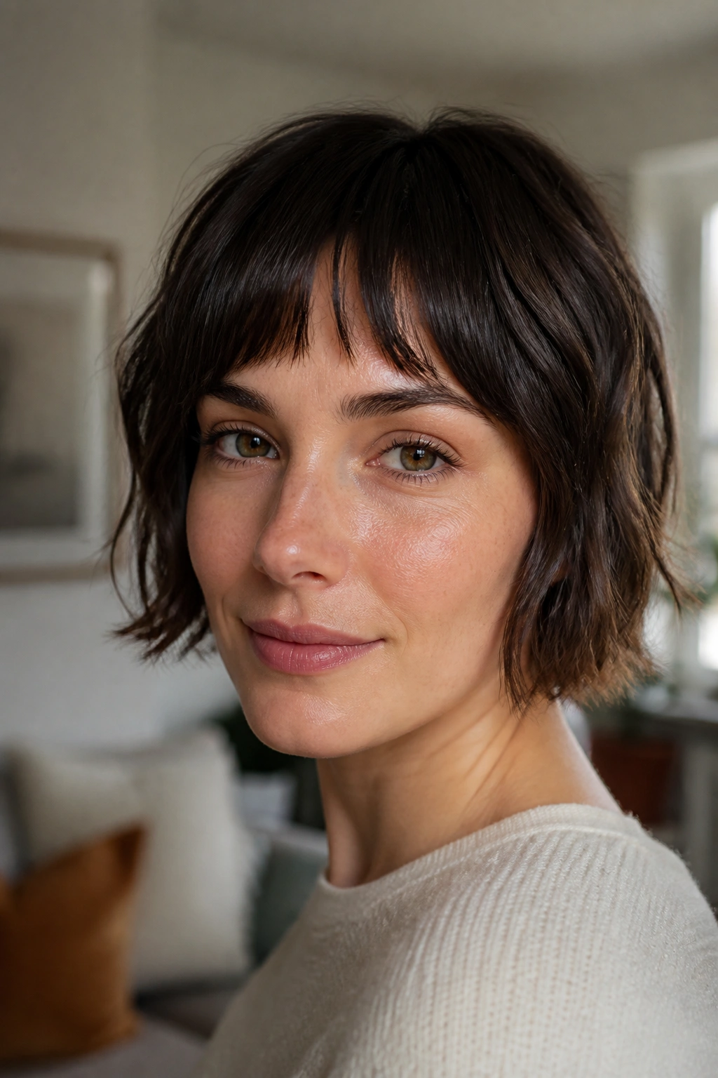 Close-up of a real woman with rounded yet broken fringe in soft daylight