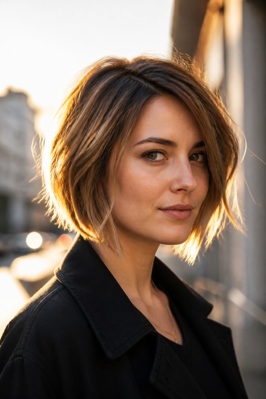Portrait of a woman with a broken-line bob and jagged ends on an urban street at golden hour