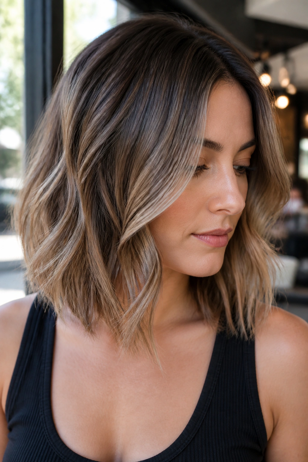 Close-up of a real person with bronde ash blend on collarbone-length hair.