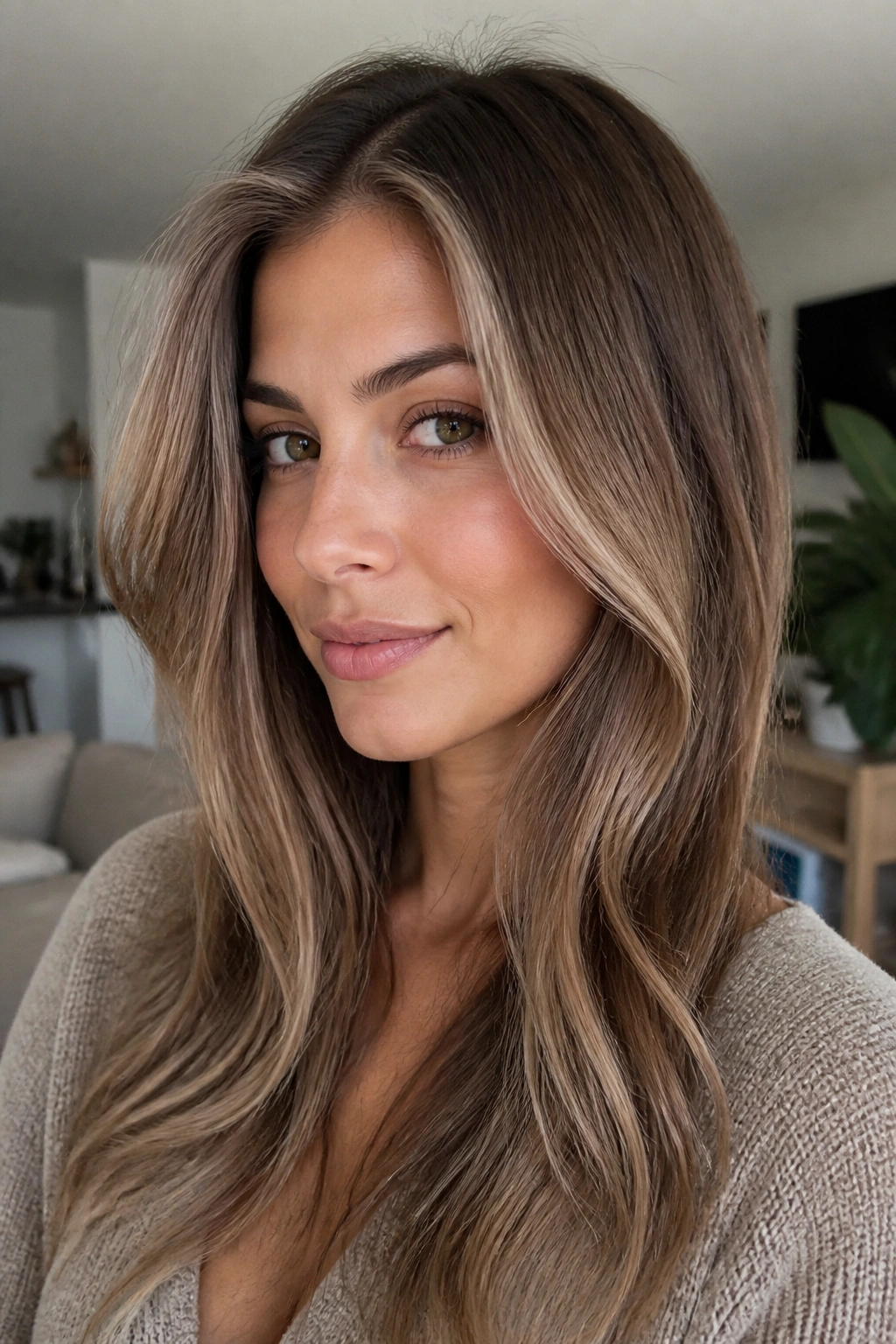 Portrait of bronde-leaning ash brown hair with lifted pieces